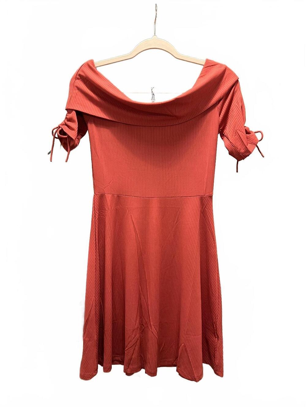 Hayden Los Angeles Off-Shoulder Ribbed Rust Orange Dress with Tie Sleeve Detail